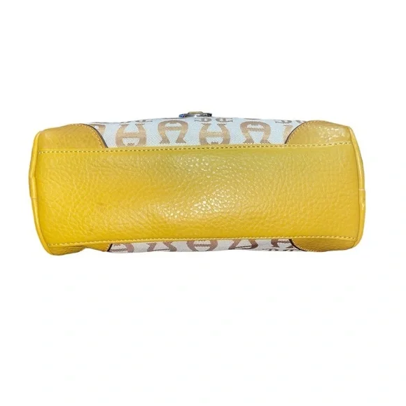 Etienne Aigner Satchel Bag Canvas Leather Signature Logo Print Gold P10 - Picture 4 of 8